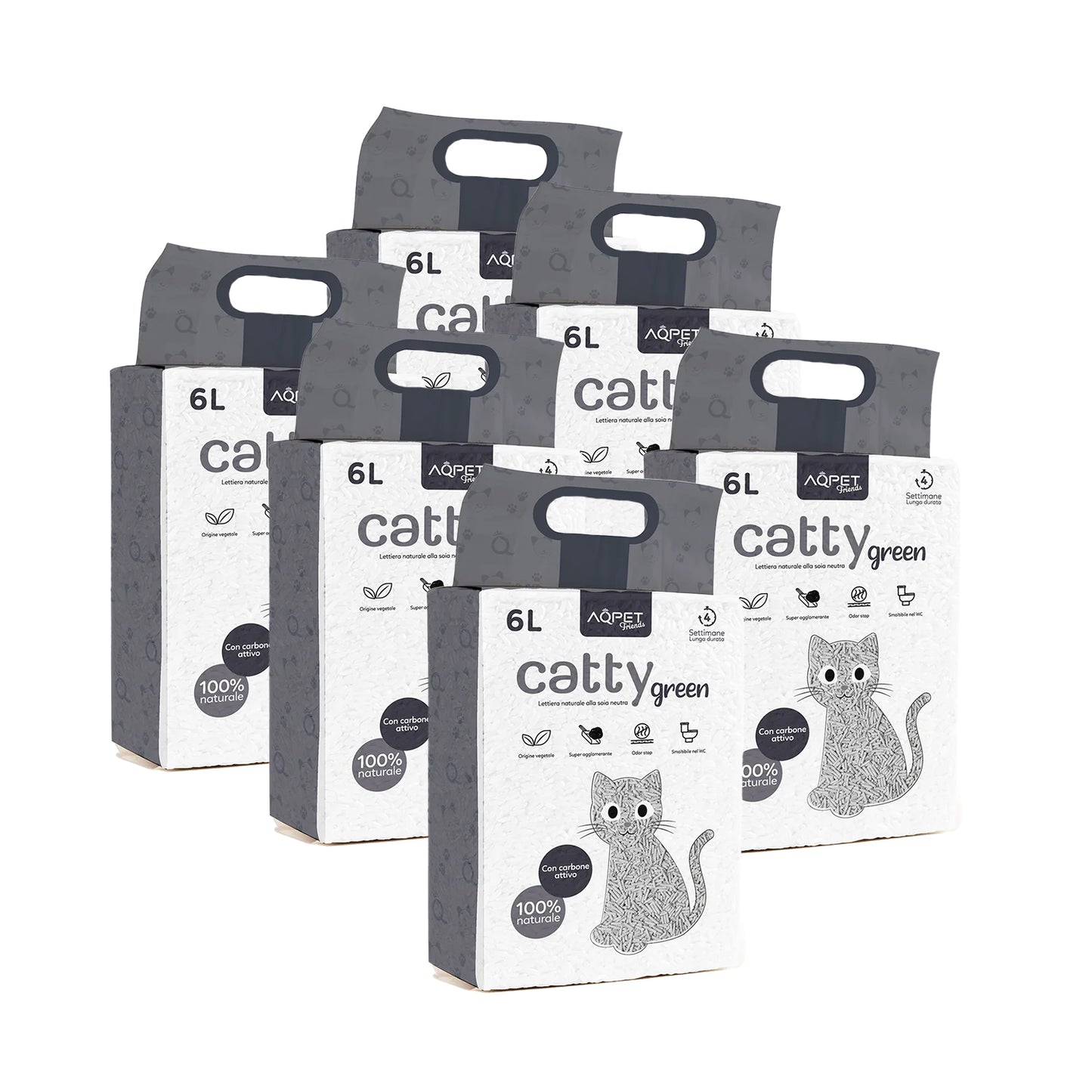 AqpetFriends Catty Green Lettiera Naturale per Gatti Alla Soia Con Carbone Attivo 36 L (6 confezioni da 6 litri)