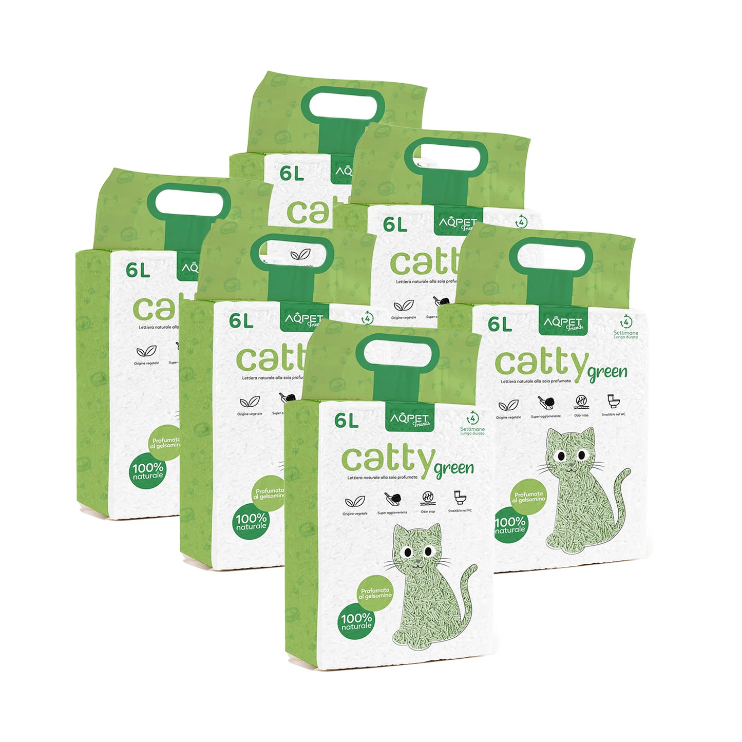 AqpetFriends Catty Green Lettiera Naturale per Gatti Alla Soia Fragranza Al Gelsomino 36 L (6 confezioni da 6 lt)