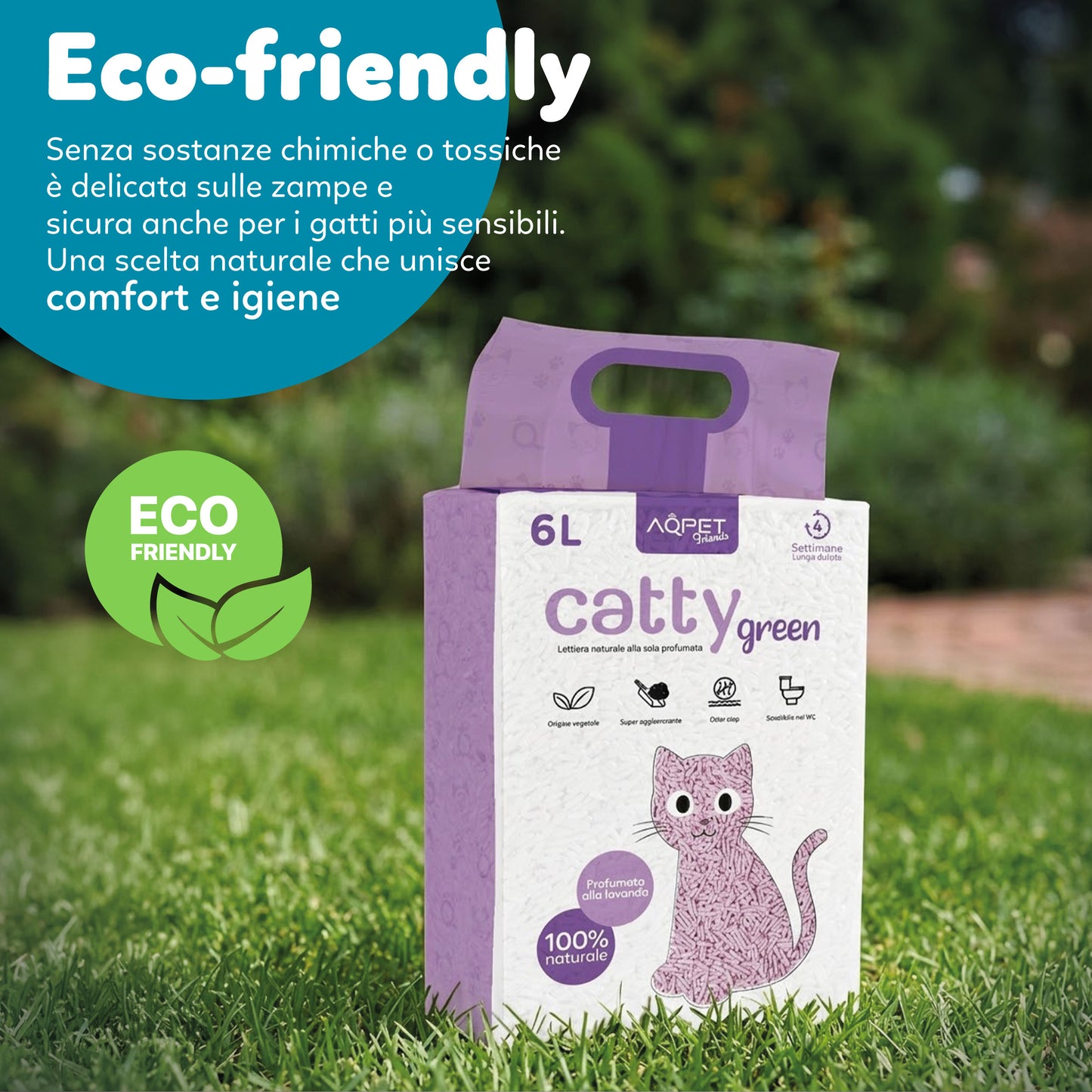 AqpetFriends Catty Green Lettiera Naturale per Gatti Alla Soia Fragranza Alla Lavanda 36 L (6 confezioni da 6 lt)