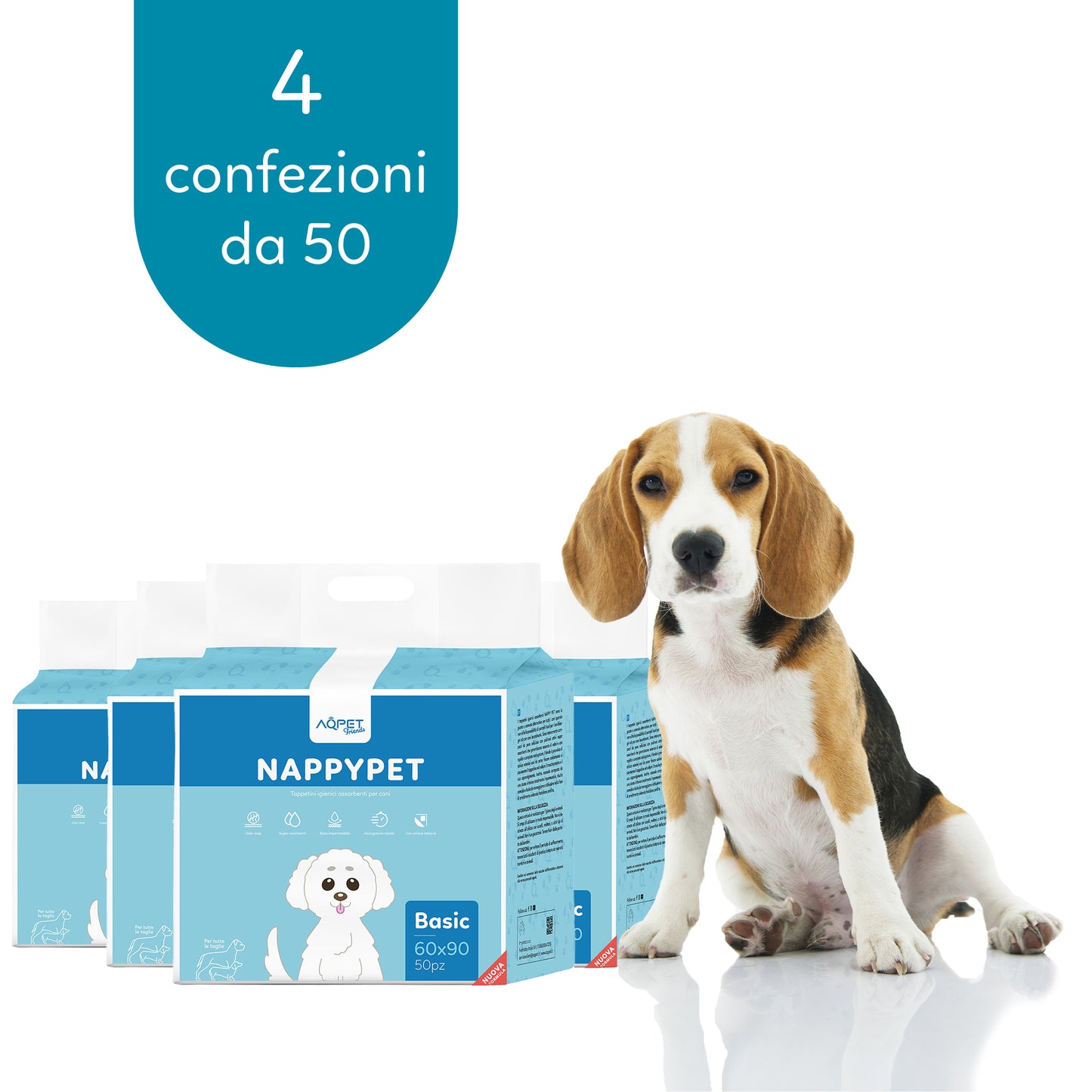 AqpetFriends Nappy Pet Basic Tappetino Assorbente Con Strisce Adesive 200 pz (4 confezioni da 50 pezzi)