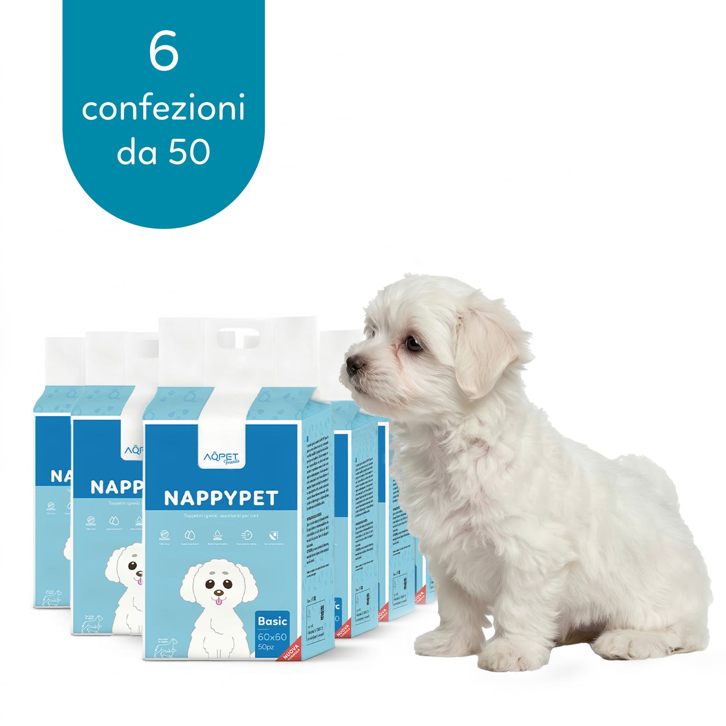 AqpetFriends Nappy Pet Basic Tappetino Assorbente Con Strisce Adesive 300 pz (6 confezioni da 50 pezzi)