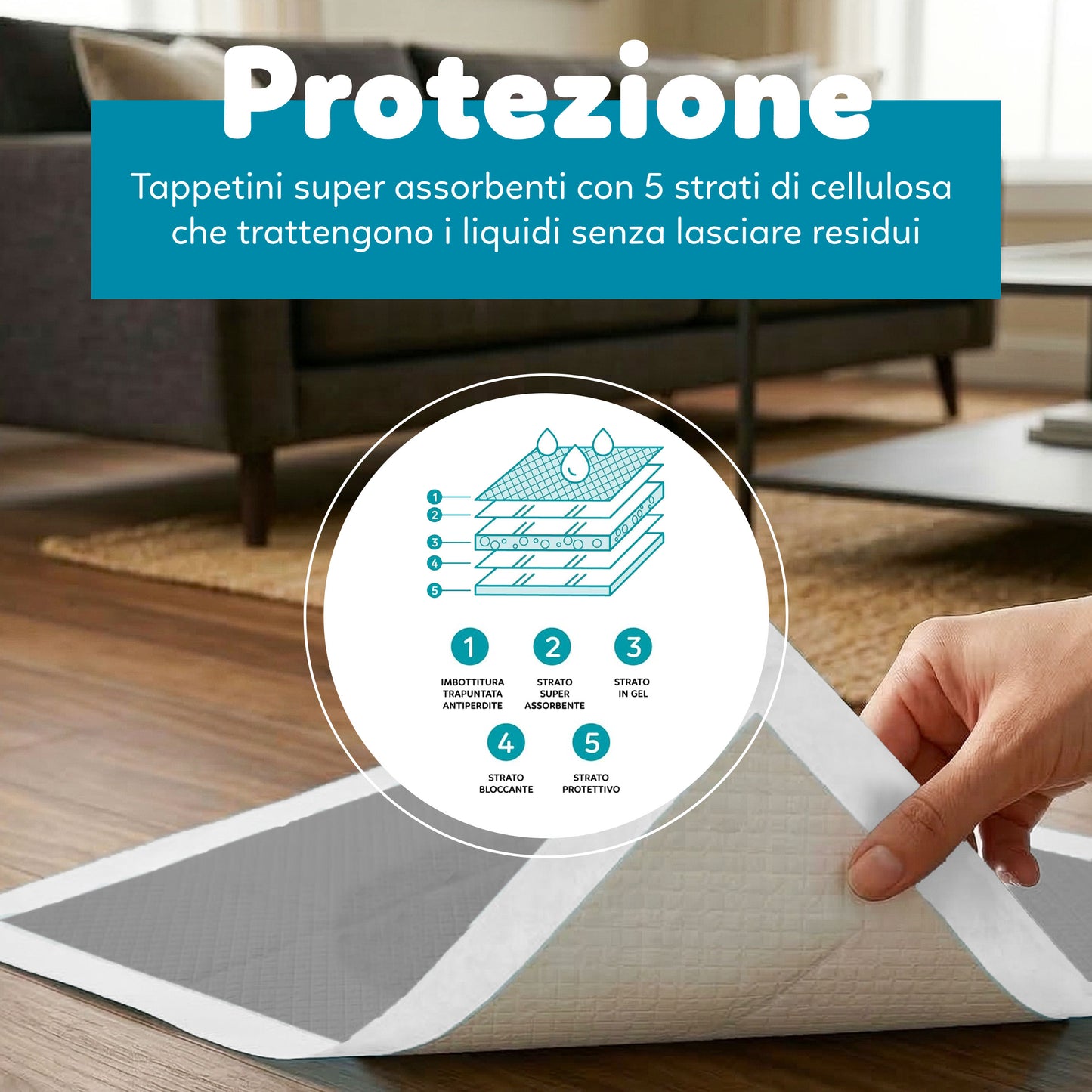 AqpetFriends Nappy Pet Carbo Tappetino Assorbente Con Strisce Adesive Al Carbone Attivo 300 pz (6 confezioni da 50 pezzi)