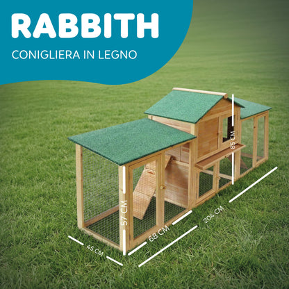 AqpetFriends Rabbith Conigliera in Legno 204x45x84 cm – Spaziosa, Resistente e da Esterno