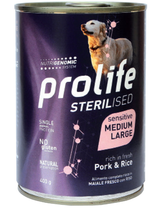 Prolife Sterilised Sensitive Adult Pork & Rice Medium/Large Bocconcini Di Maiale E Riso Per Cani Adulti Sterilizzati 400g