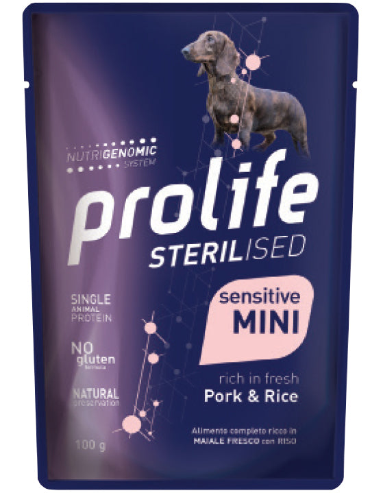 Prolife Sterilised Sensitive Adult Pork & Rice Mini Bocconcini Di Maiale E Riso Per Cani Adulti Sterilizzati 100g