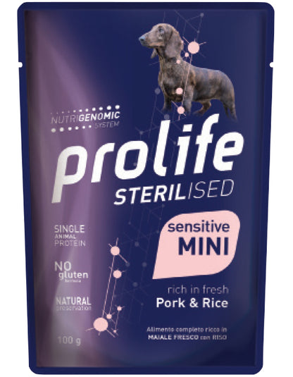 Prolife Sterilised Sensitive Adult Pork & Rice Mini Bocconcini Di Maiale E Riso Per Cani Adulti Sterilizzati 100g